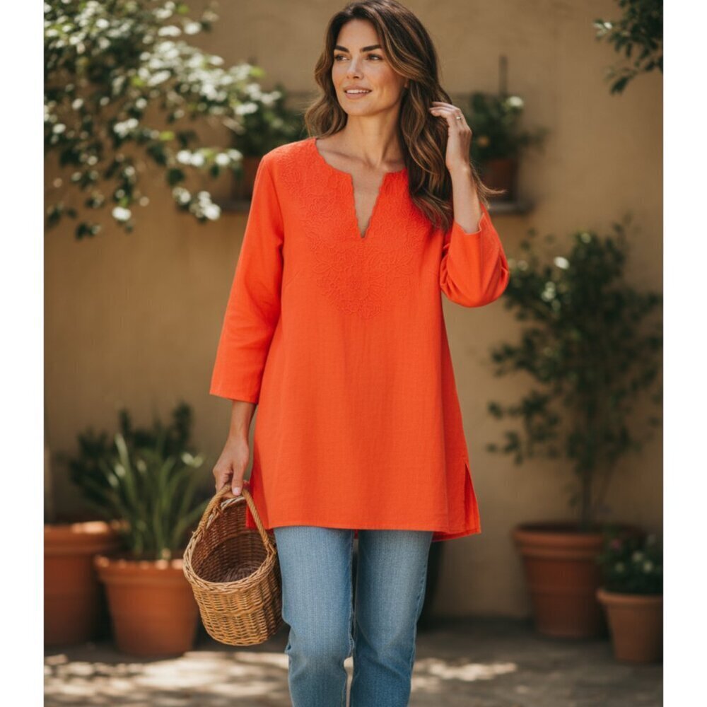 SUSAN BRISTOL Embroidered Orange 100% Linen Tunic